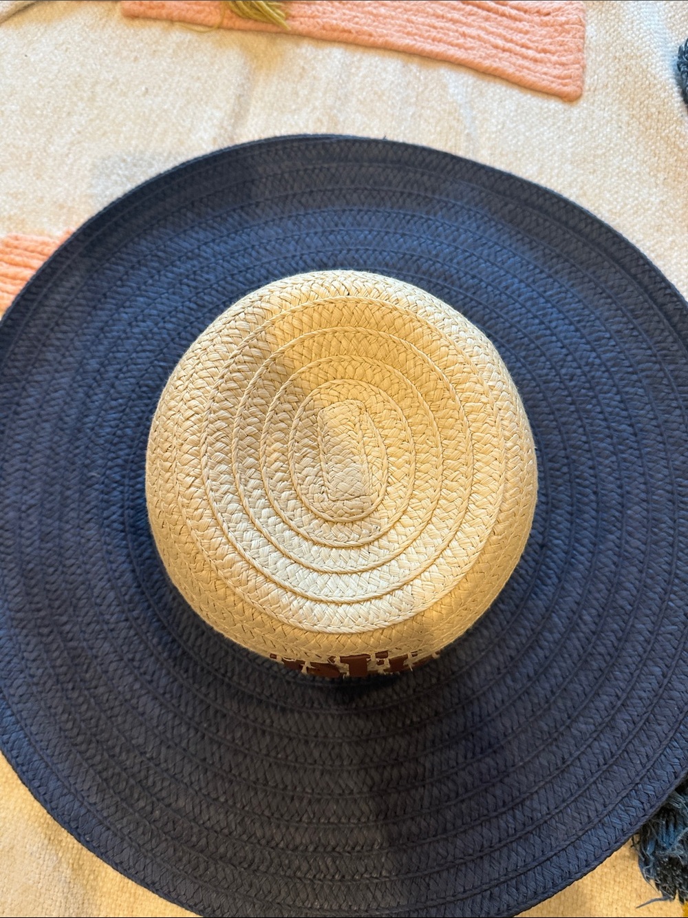 Lauren Ralph Lauren Two-Tone Straw Sun Hat in Navy & Natural with RL Monogram - Picture 7 of 7